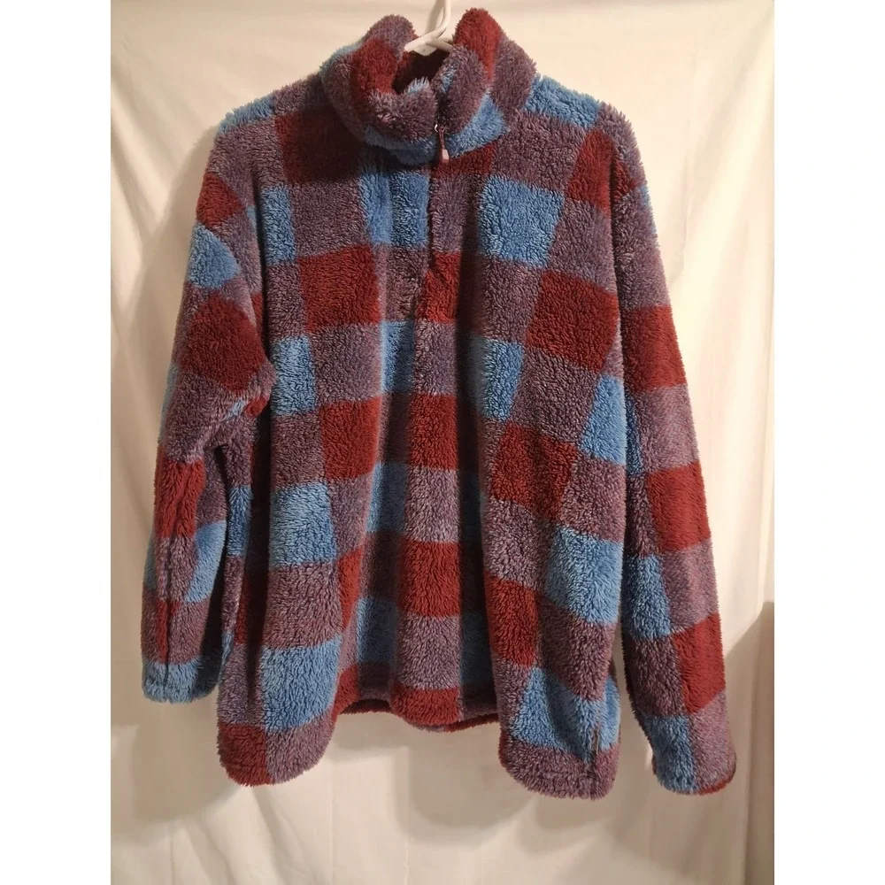 Eddie Bauer Womens XXL Quarter Zip Pullover Fuzzy Blue Burgundy Check Plaid - Picture 2 of 5